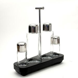 Alessi Programma 8 Condiment Set: oil,Vinegar,Salt,Pepper in 18/10 stainless